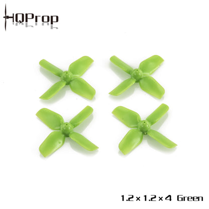 Green 1.2x1.2x4 quadcopter propeller set shown as four 4-blade micro whoop props on white background