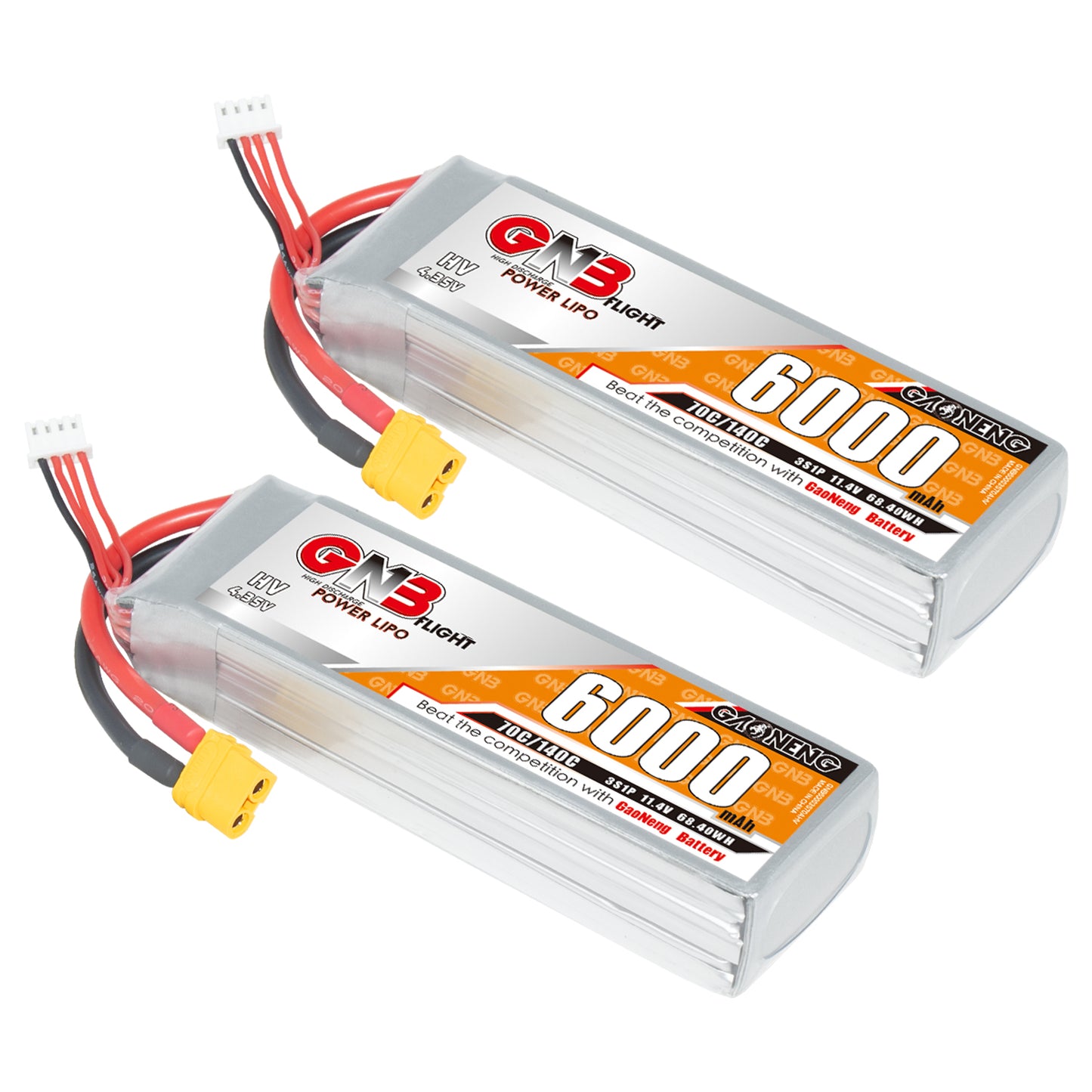 Two GNB 6000mAh LiHV LiPo battery packs shown with XT60 connectors and white balance plugs