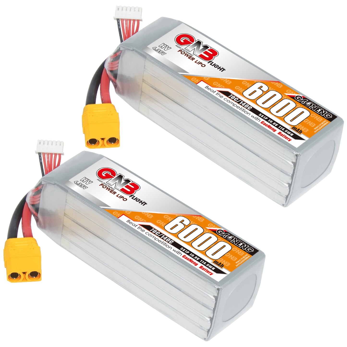 Two GNB 6000mAh HV LiPo batteries shown side by side with yellow XT90 plugs and balance leads