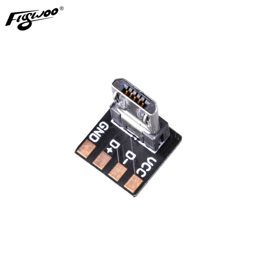 Flywoo USB Type-C female adapter board with solder pads labeled GND, D+, D- and VCC