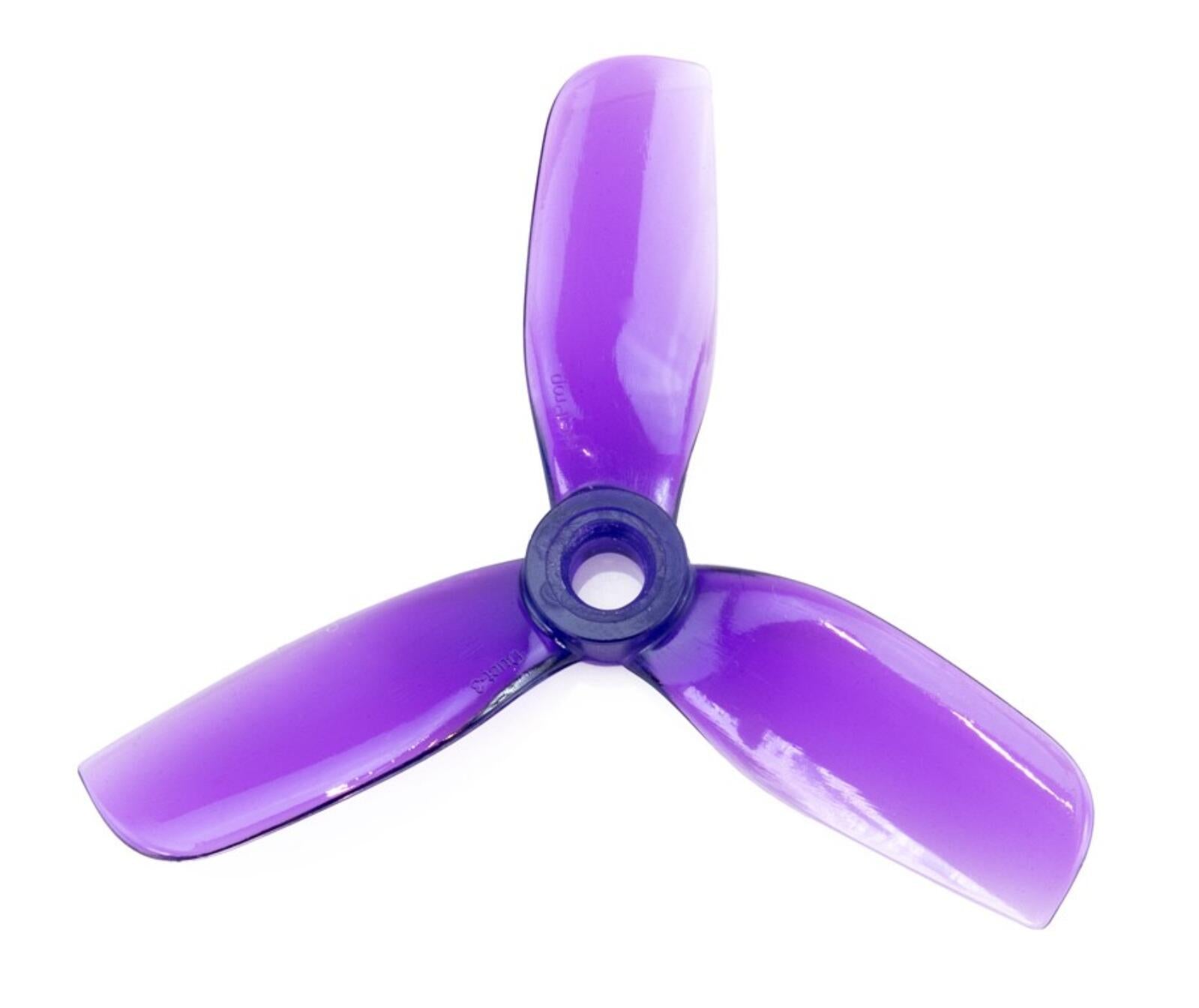 HQProp Duct-3 3in tri-blade cinewhoop propeller, purple transparent, top view with center hub