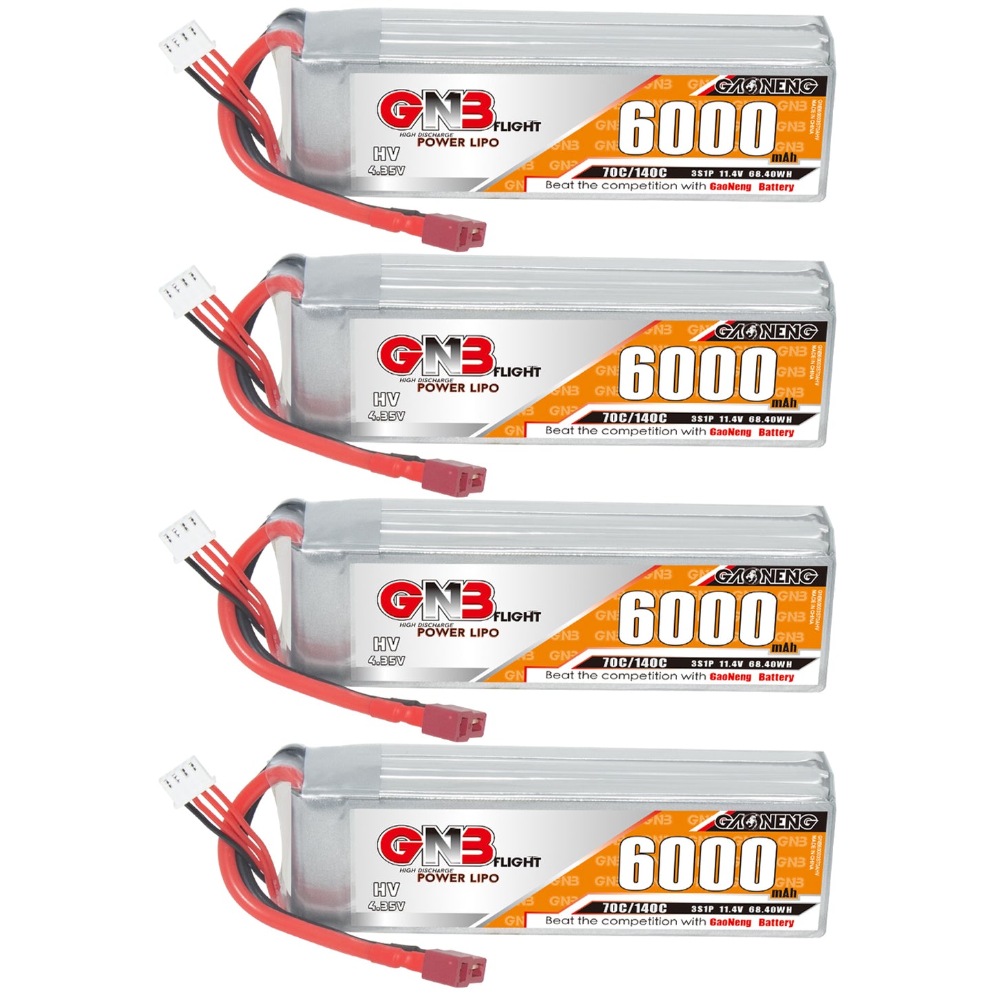 Four GNB 6000mAh LiHV LiPo batteries shown in a row with leads and connectors visible