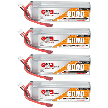 Four GNB 6000mAh LiHV LiPo batteries shown in a row with leads and connectors visible