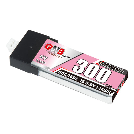 GAONENG GNB 300mAh 1S 3.8V LiHV LiPo battery with PH2.0 plug, angled label view