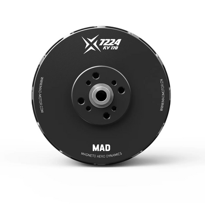 MAD X7224 IPE V2.0 eVTOL Airplane Drone Motor, MAD X7224 brushless drone motor top view, black round housing with central mounting holes and X7224 KV logo