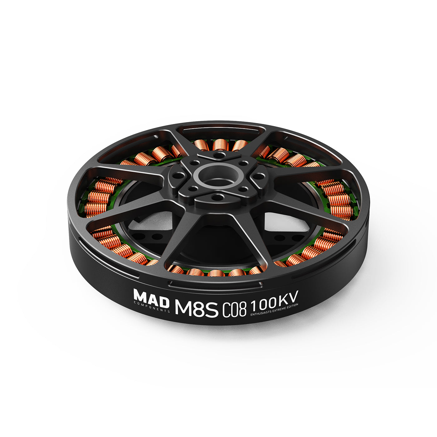 MAD M8S C08 100KV brushless drone motor with low-profile black housing and visible copper windings