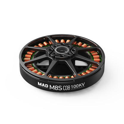 MAD M8S C08 100KV brushless drone motor with low-profile black housing and visible copper windings