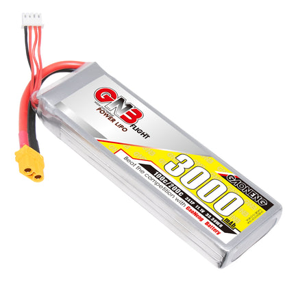 GAONENG GNB 3000mAh 3S 11.1V 100C LiPo battery with XT60 plug and balance lead, angled view