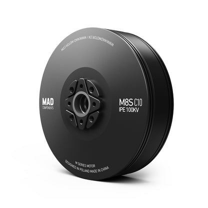 MAD M8S C10 (8110) IPE V1.0 100KV Drone Motor, MAD M8S C10 IPE 100KV drone motor with black round housing and central mounting hub