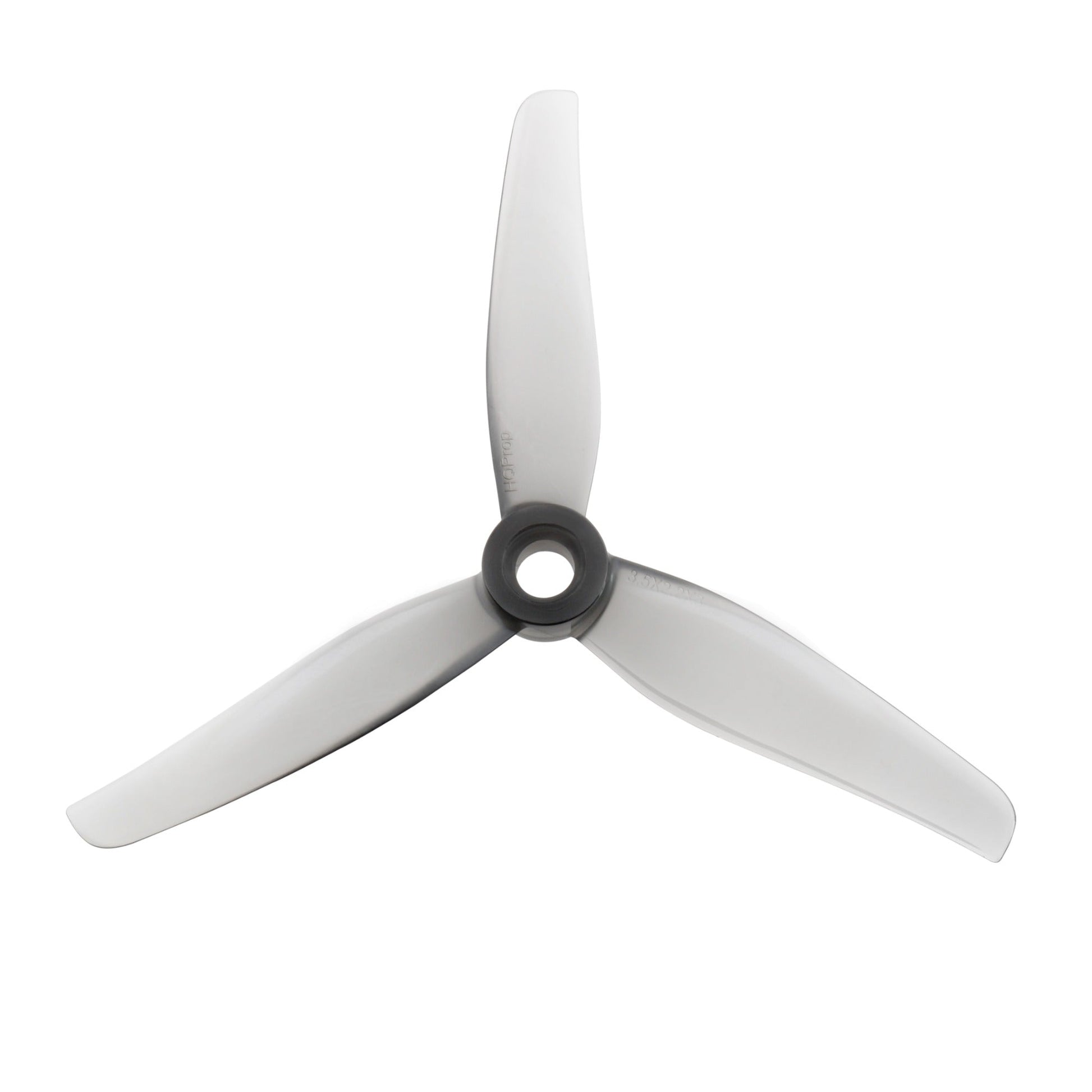 HQProp 3.5x2.2x3 grey polycarbonate 3-blade propeller with 5mm center hub, top view