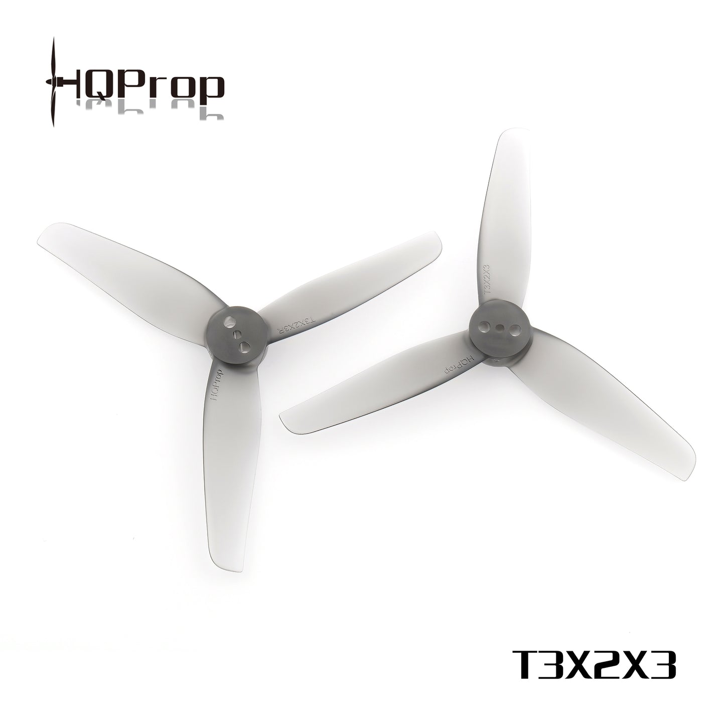 HQProp T3X2X3 translucent gray 3-blade 3in propellers with printed model label on white