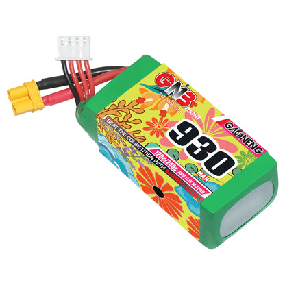 Single GNB 3S 930mAh 120C LiPo battery with XT30 plug and 4-pin balance connector, angled view