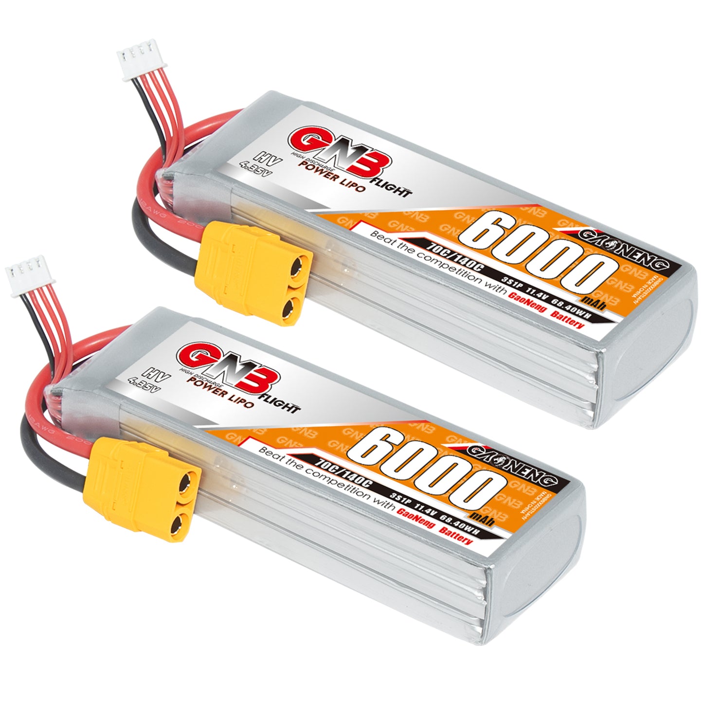 Two GNB 6000mAh LiHV LiPo packs with yellow XT90 connectors, angled front view