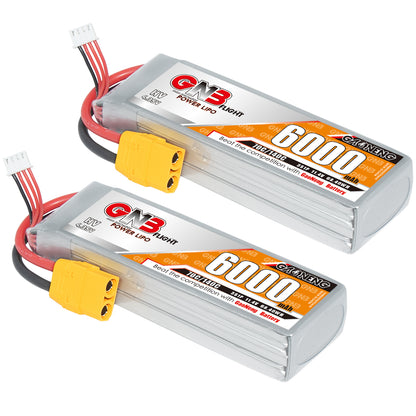 Two GNB 6000mAh LiHV LiPo packs with yellow XT90 connectors, angled front view