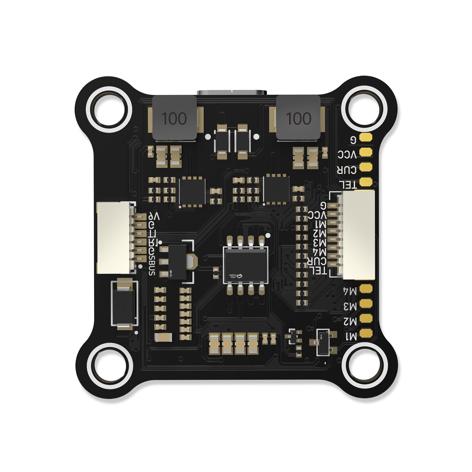 BrotherHobby Returner F405 V2 F405 flight controller board with USB-C port, labeled pads, and four mounting holes