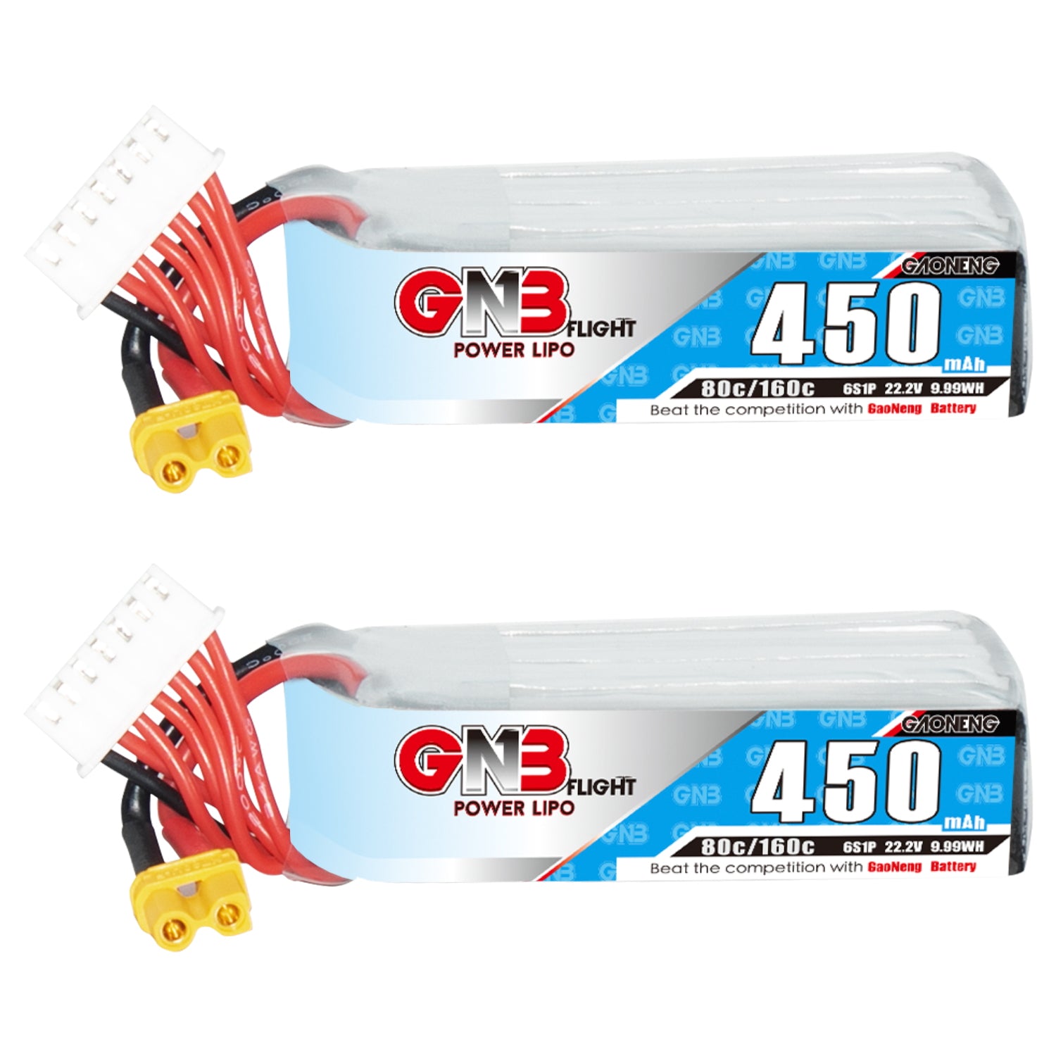 GNB4506S80AL 6S 22.2V 450mAh 80C LiPo battery long type with XT30 and balance lead, side label view