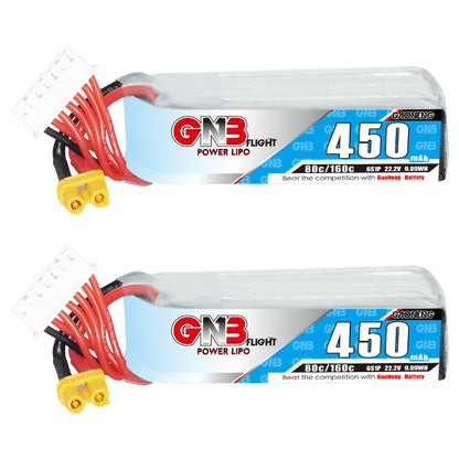 GNB4506S80AL 6S 22.2V 450mAh 80C LiPo battery long type with XT30 and balance lead, side label view