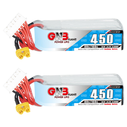 GNB4506S80AL 6S 22.2V 450mAh 80C LiPo battery long type with XT30 and balance lead, side label view