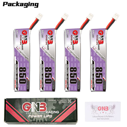 Packaging contents: four GNB 850 batteries, GN3 Racing Power LiPo box, and user instructions card