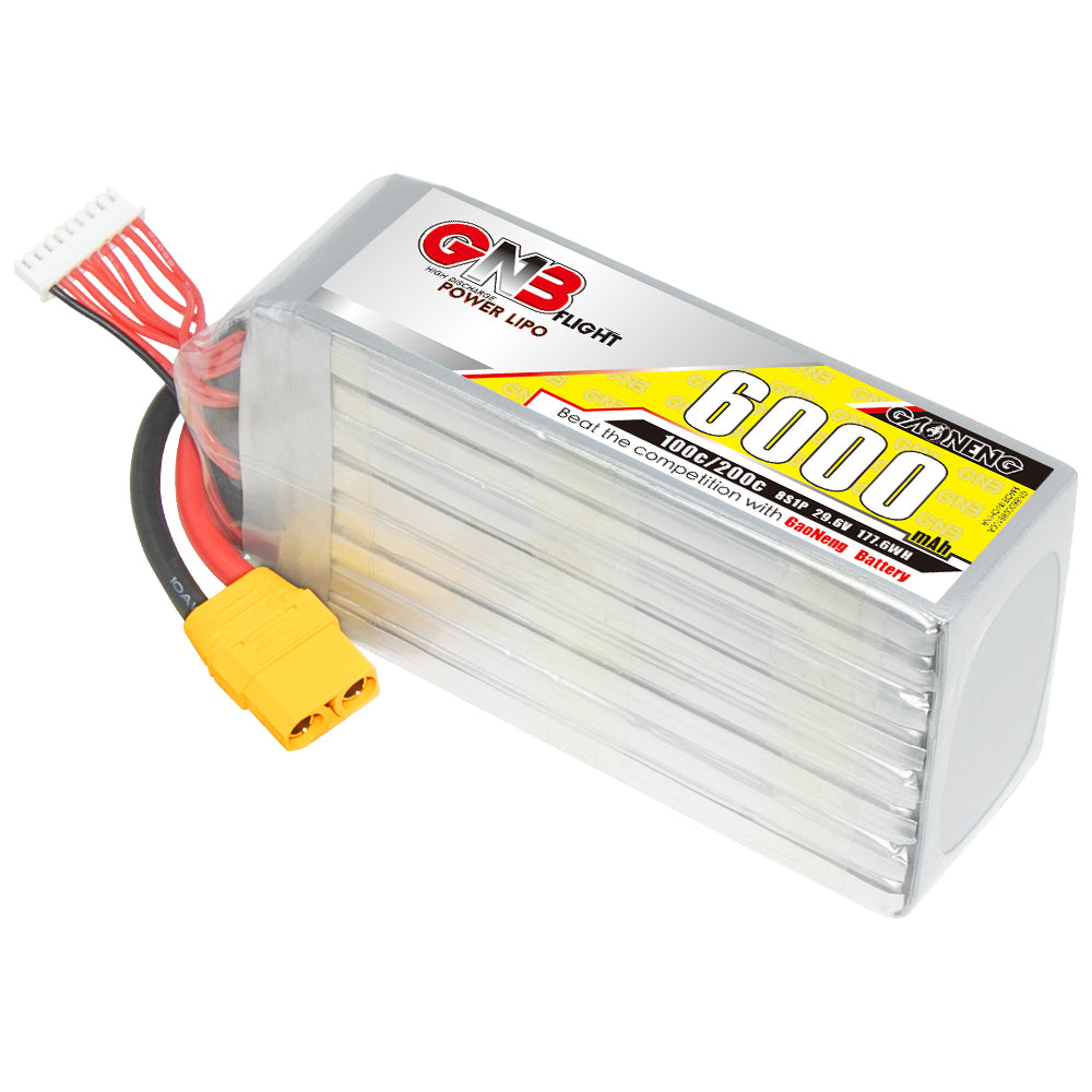 GNB 8S 29.6V 6000mAh 100C LiPo battery pack with yellow XT90 connector and balance lead