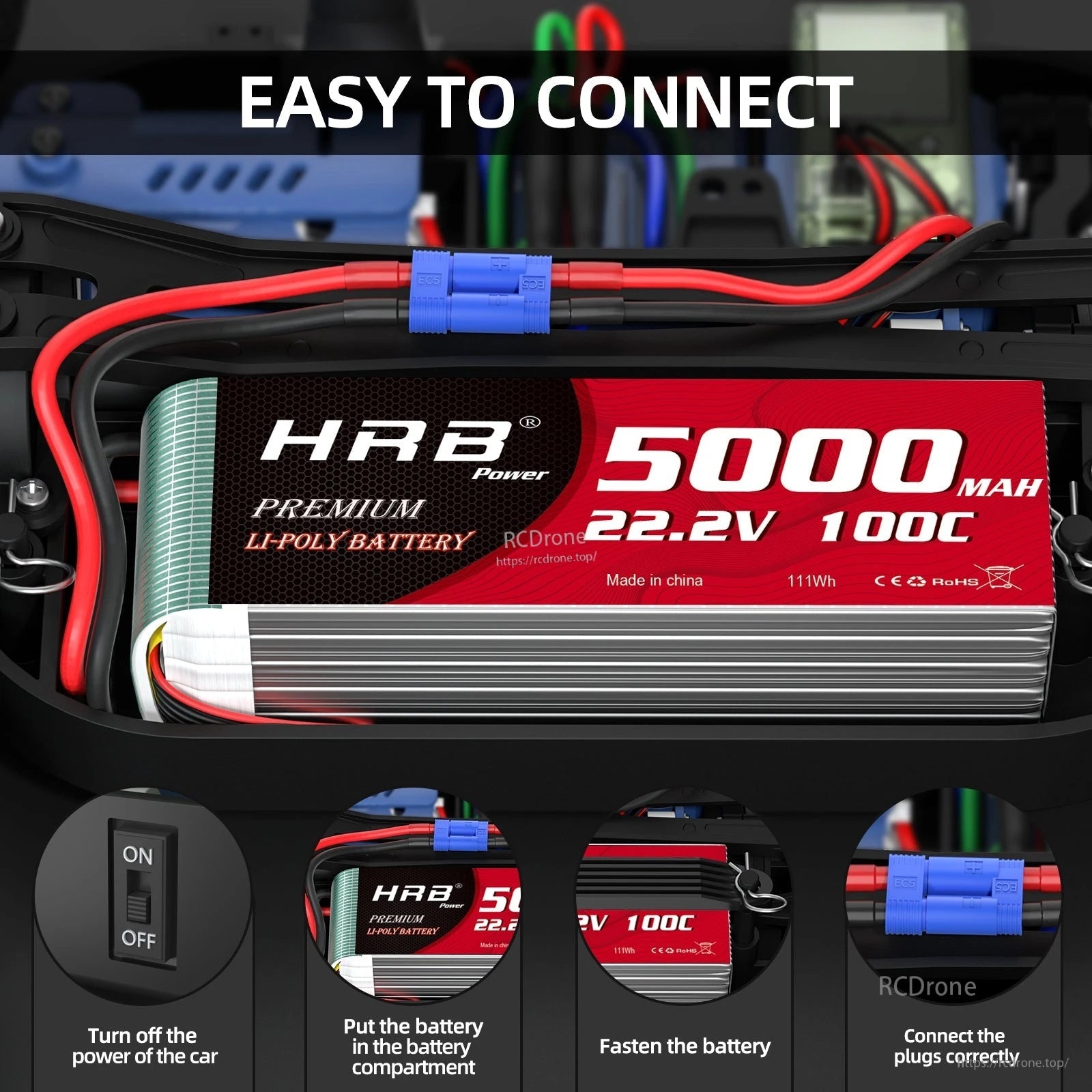 Close-up of HRB 22.2V 6S 5000mAh LiPo in RC car compartment highlighting easy EC5 plug connection