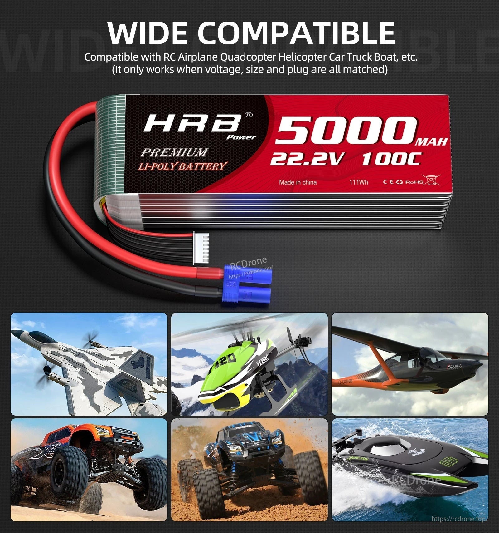 HRB 22.2V 6S 5000mAh LiPo with EC5 plug, compatibility graphic for RC airplane, helicopter, truck, boat and jet