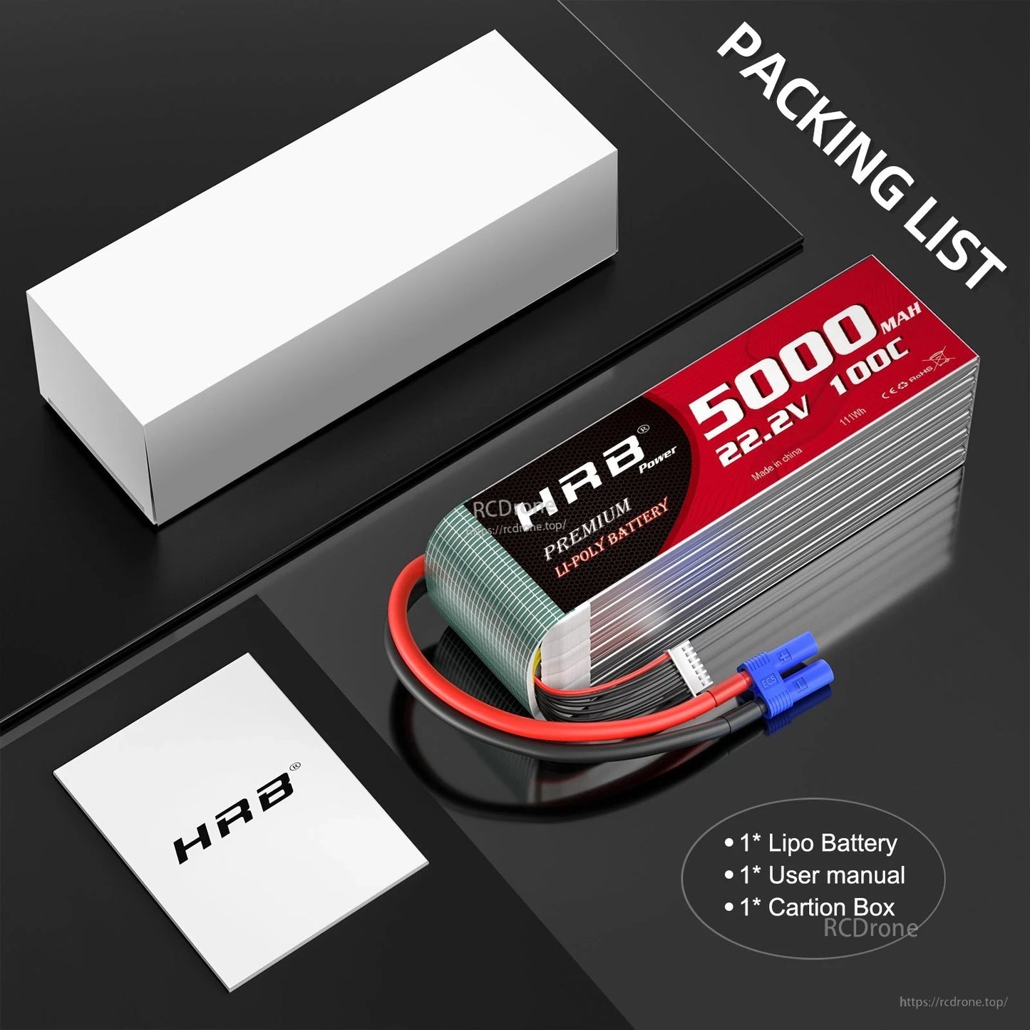 Packing list showing HRB LiPo battery, user manual and white carton box contents