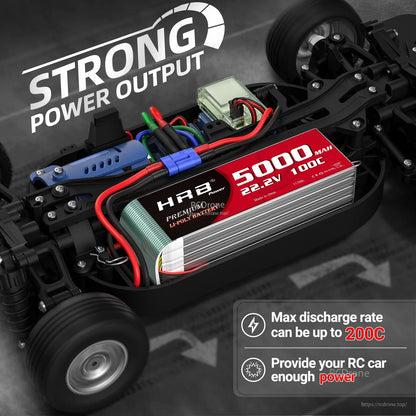 HRB 22.2V 5000mAh 6S LiPo battery installed in RC car chassis with wiring and connector shown