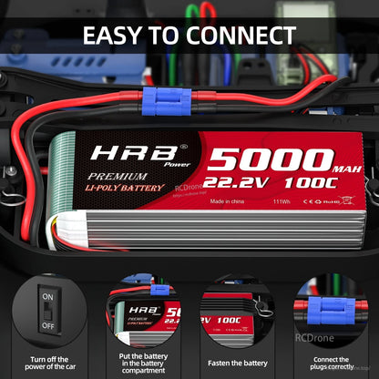 EC5 connection guide showing battery in RC car tray and steps to connect and fasten the pack