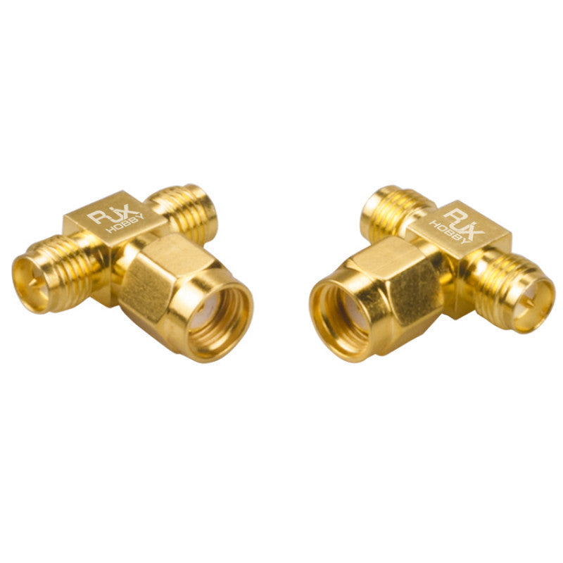 Pair of RJX Hobby RP-SMA T adapters, one male plug to two female coaxial connectors in gold finish