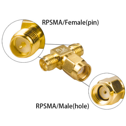 Gold RP-SMA T splitter adapter with one RP-SMA female (pin) to two RP-SMA male (hole) connectors