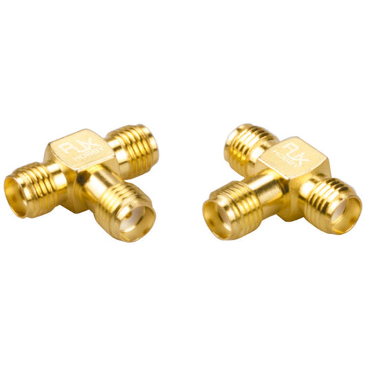 Two gold T-shaped SMA RF coaxial adapter connectors with three threaded ports, RJX branding, pack of 2