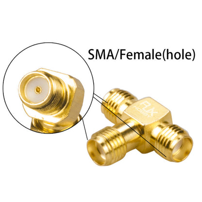 Gold SMA female triple T 3-way RF coaxial adapter with three threaded ports and center-hole contact