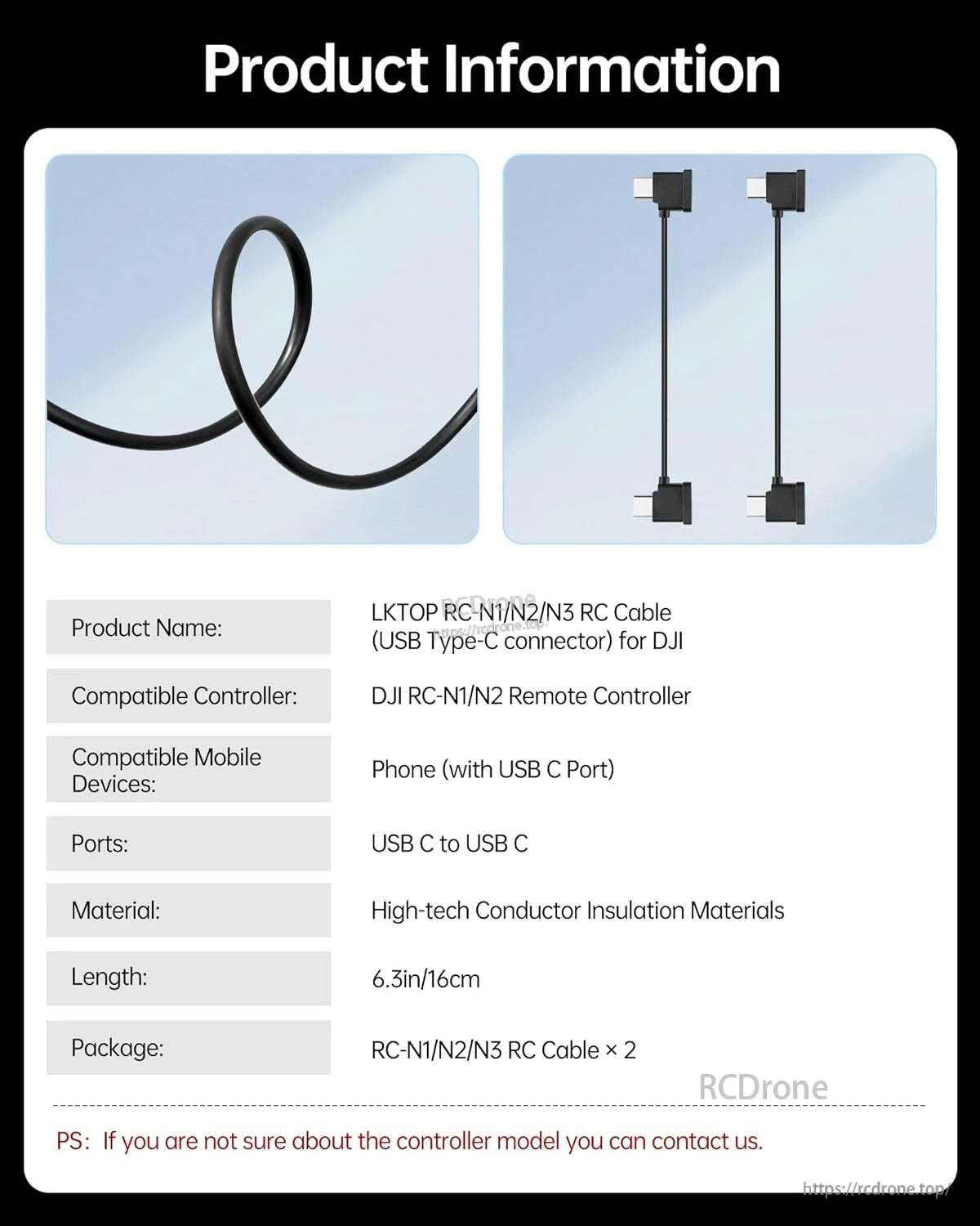 2PCS LKTOP Dual USB‑C RC Cable, LKTOP RC-N1/N2/N3 USB-C cables (6.3") for DJI controllers and phones; includes two, compatible with Mini, Air, Mavic, Neo drones.