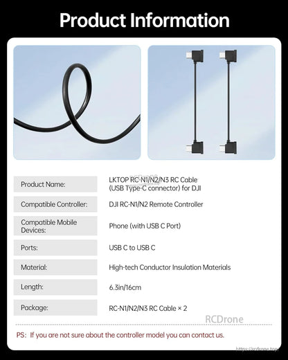 2PCS LKTOP Dual USB‑C RC Cable, LKTOP RC-N1/N2/N3 USB-C cables (6.3") for DJI controllers and phones; includes two, compatible with Mini, Air, Mavic, Neo drones.