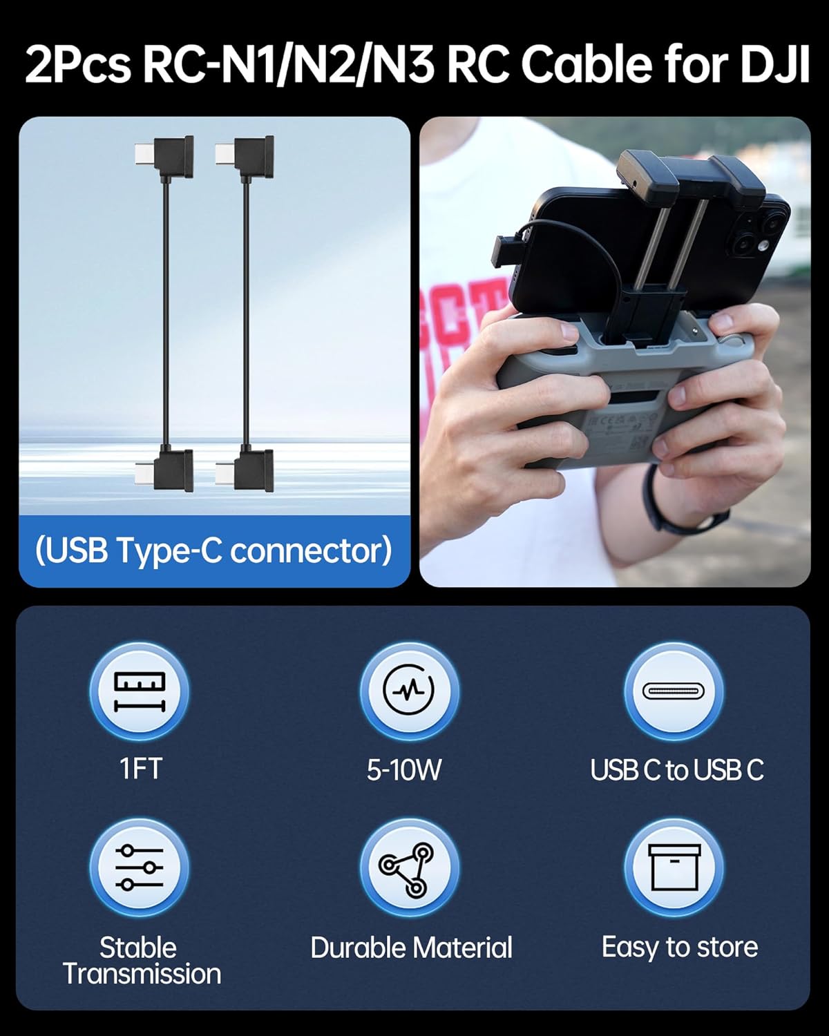 2PCS LKTOP Dual USB‑C RC Cable, Two 1ft USB-C RC cables for DJI controllers offer stable transmission, durability, easy storage, and 5–10W power.