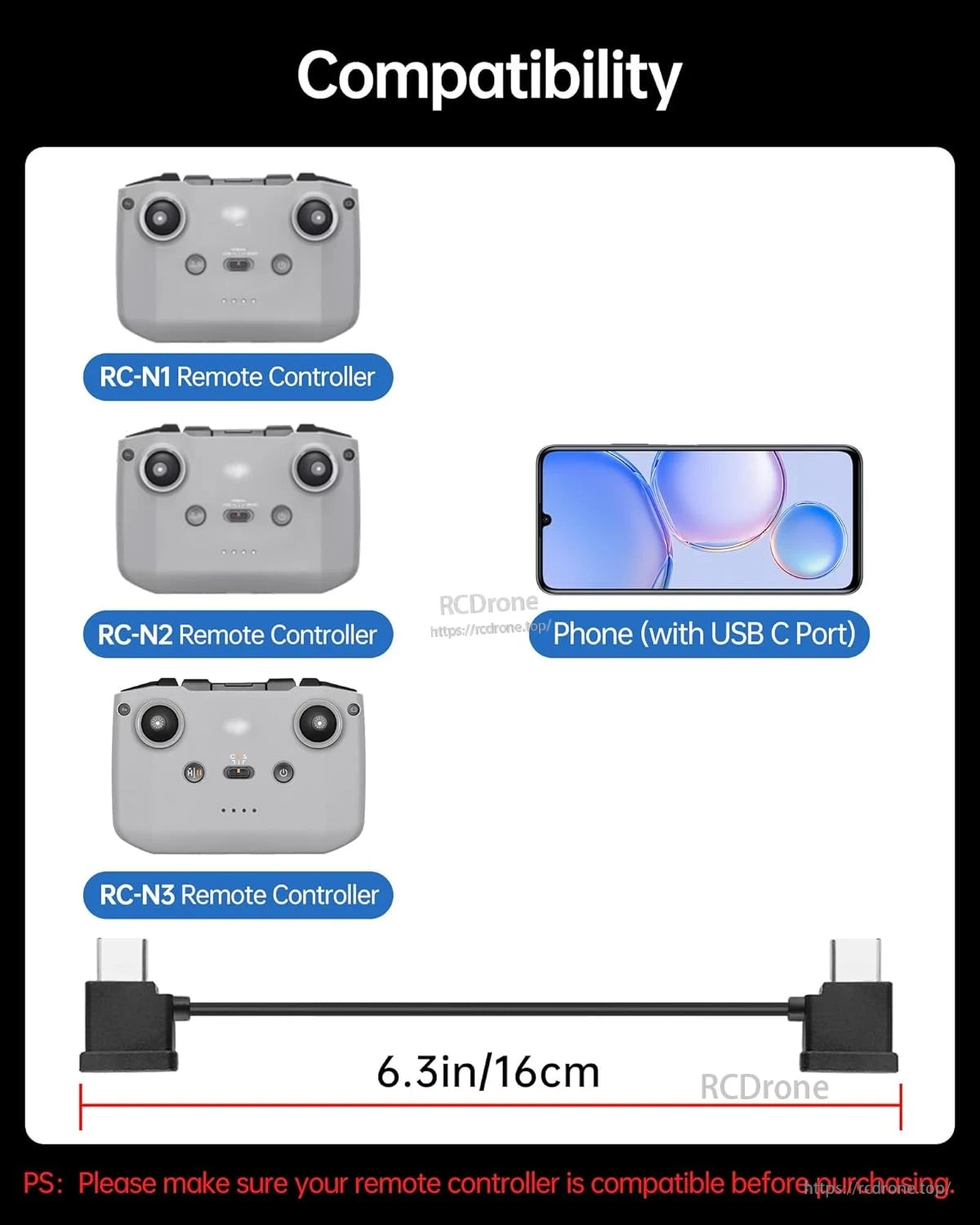 2PCS LKTOP Dual USB‑C RC Cable, Compatible with RC-N1/N2/N3 controllers and USB-C phones; 6.3-inch cable. Check controller compatibility before buying.