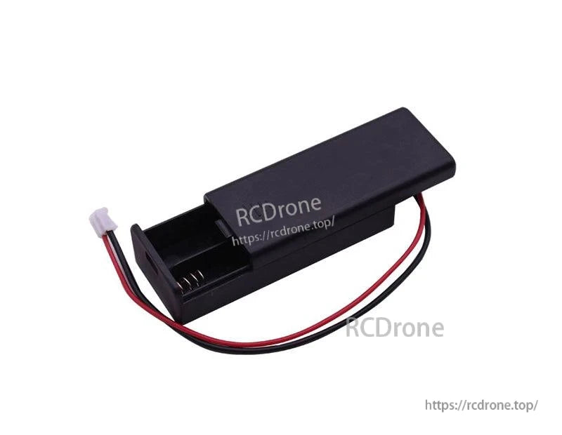 Angled view of AAA battery holder with sliding lid partially open and attached red/black lead
