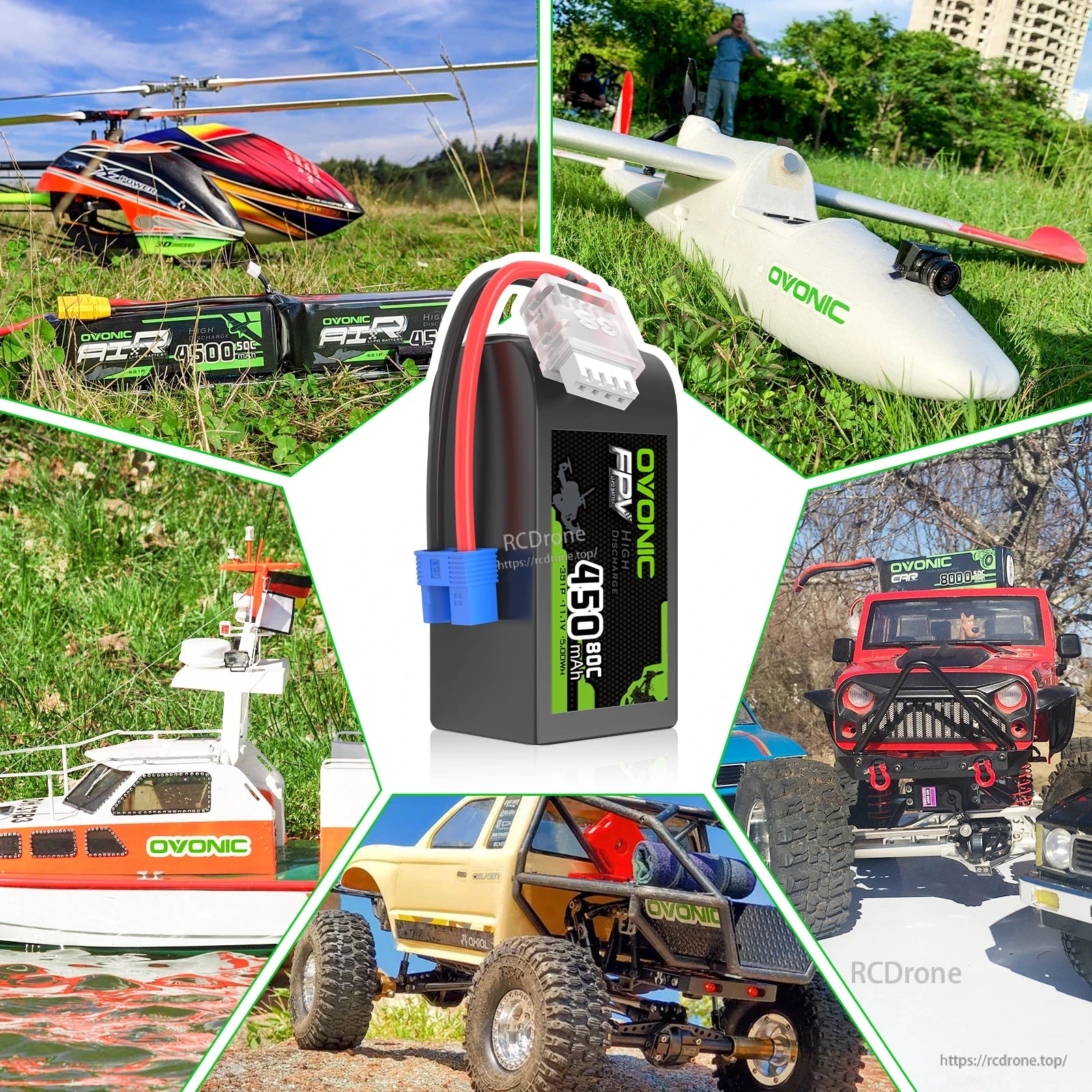 OVONIC 450mAh 3S 11.1V LiPo battery shown powering RC helicopter, plane, boat and off-road cars collage