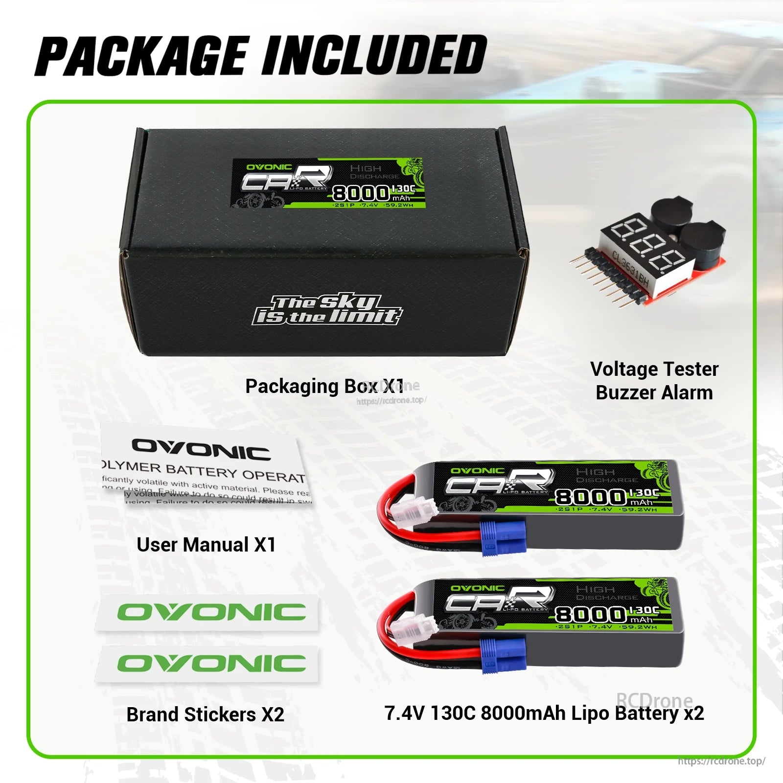 Package contents: 2 batteries, packaging box, user manual, brand stickers and voltage tester buzzer alarm