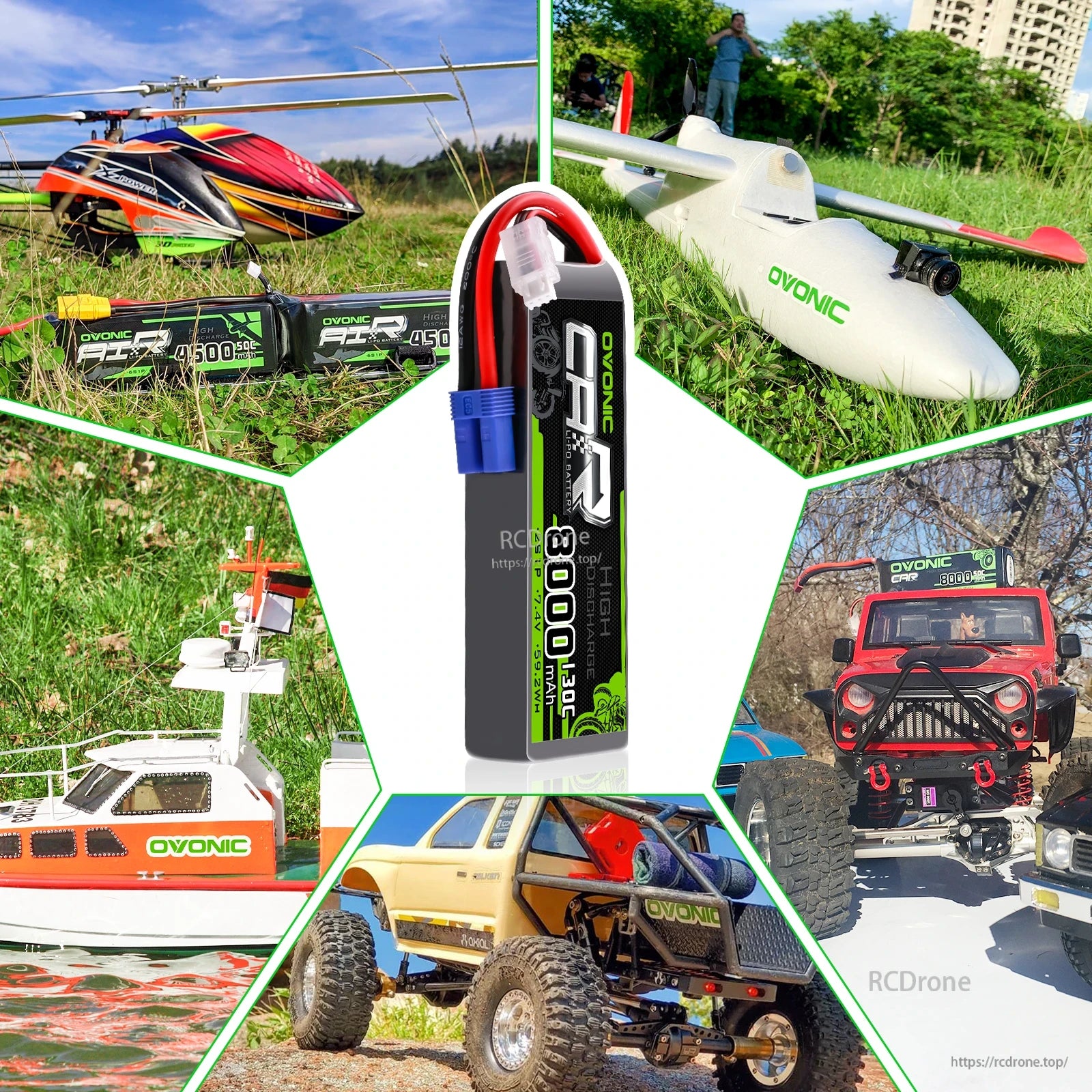 LiPo battery application collage for RC helicopter, airplane, boat, off-road truck and car