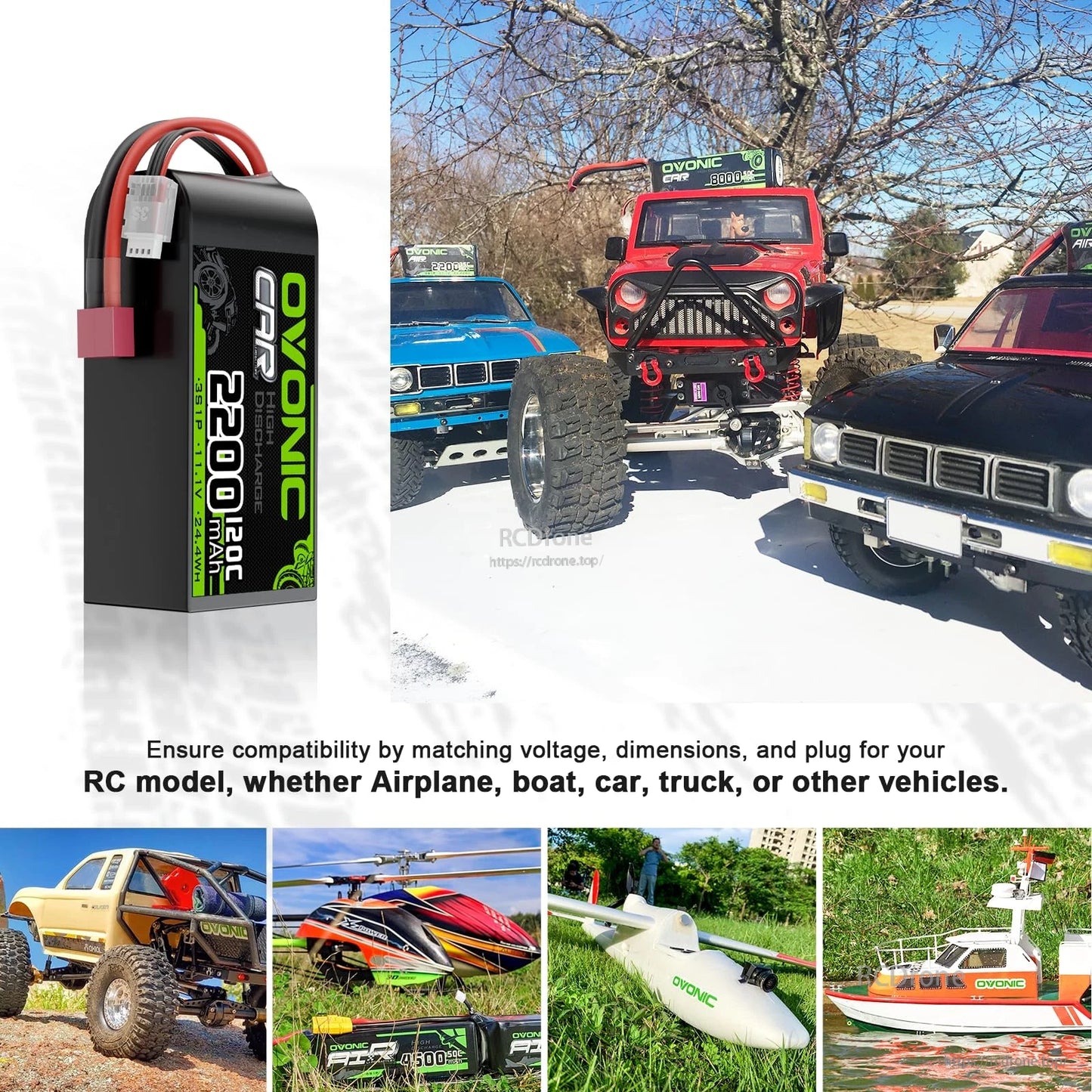OVONIC 2200mAh 3S short LiPo shown with RC car, truck, helicopter, plane, and boat use-case collage