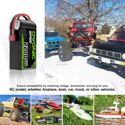 OVONIC 2200mAh 3S short LiPo shown with RC car, truck, helicopter, plane, and boat use-case collage