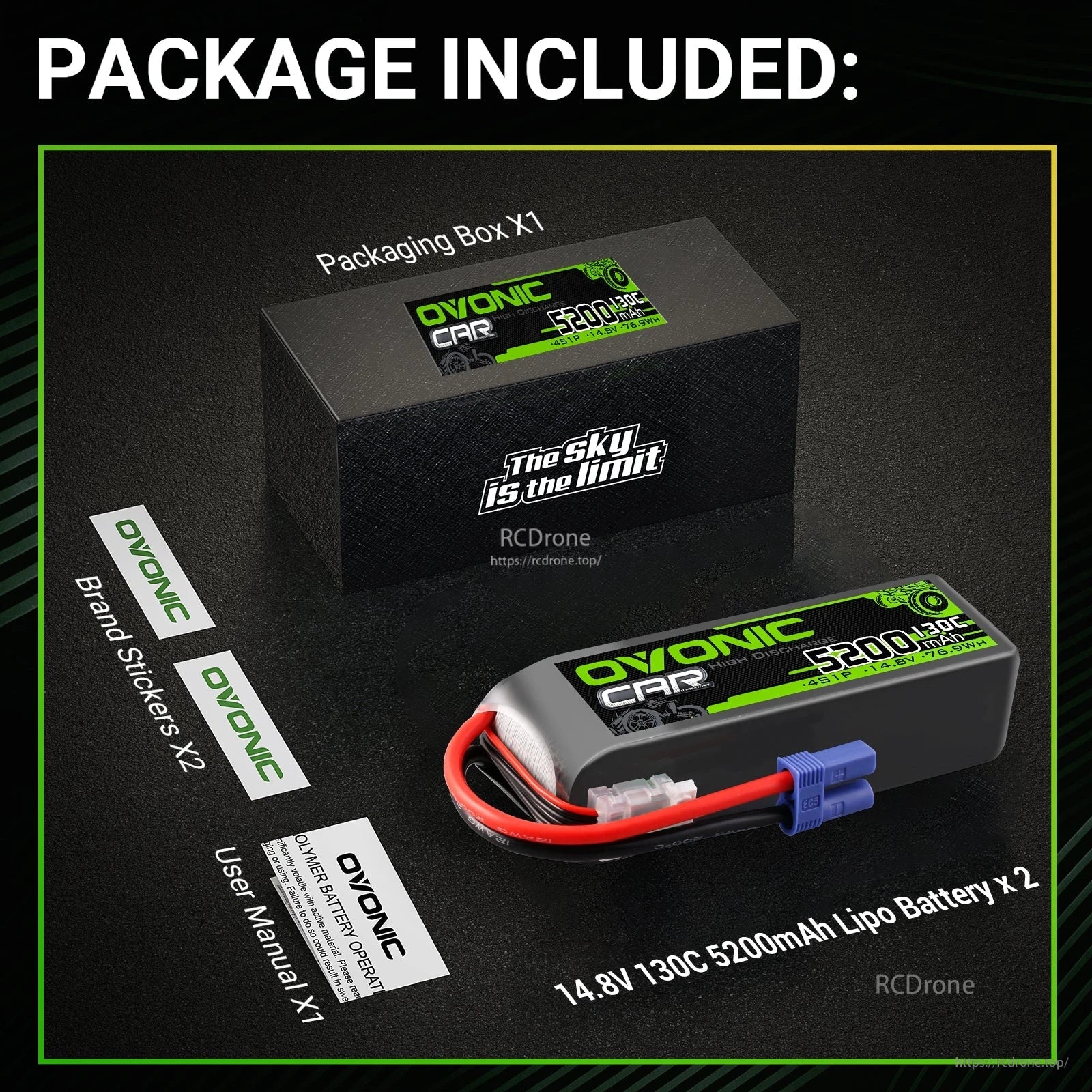 Package contents: OVONIC battery, packaging box, brand stickers, and user manual shown together