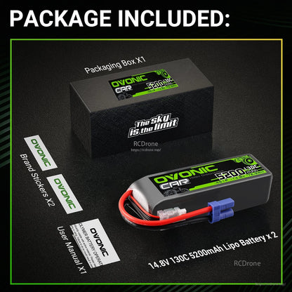 Package contents: OVONIC battery, packaging box, brand stickers, and user manual shown together
