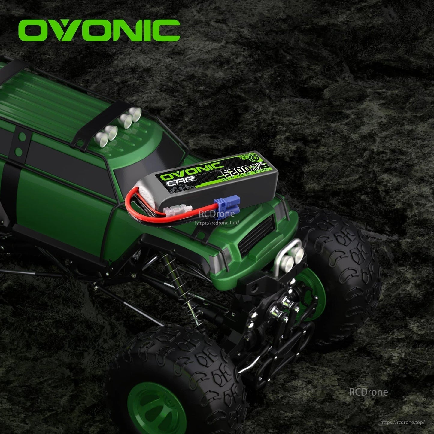 2x OVONIC 4S 5200mAh 14.8V 130C RC LiPo Battery shown installed on an RC monster truck