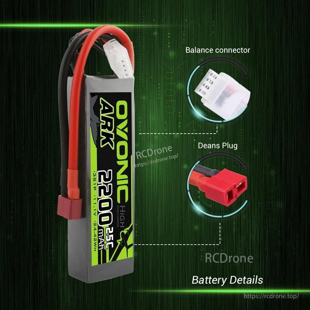 Close-up of Ovonic ARK 2200mAh 3S LiPo with Deans discharge plug and JST-XH balance connector