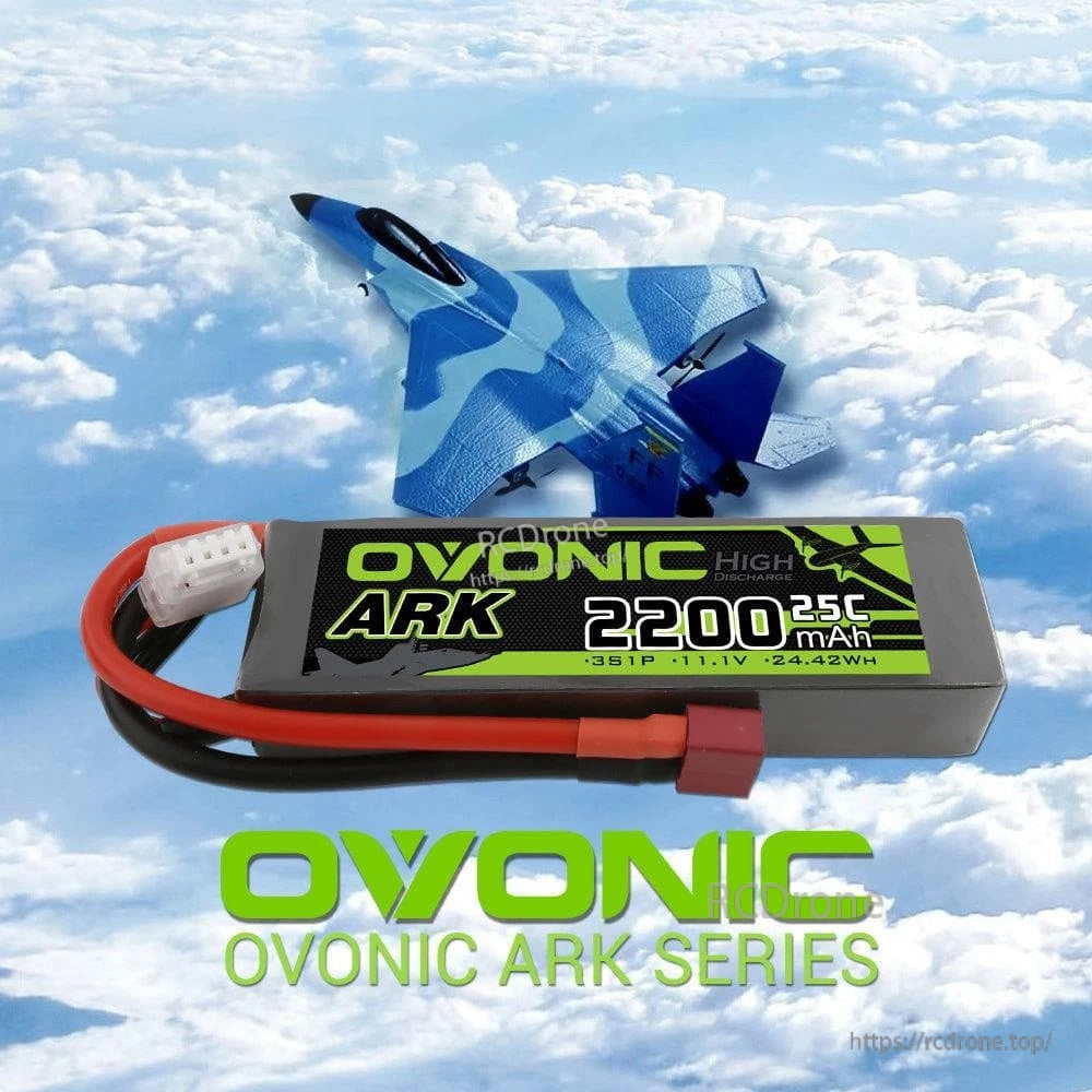 Ovonic ARK series LiPo battery with RC jet graphic background, highlighting aircraft use