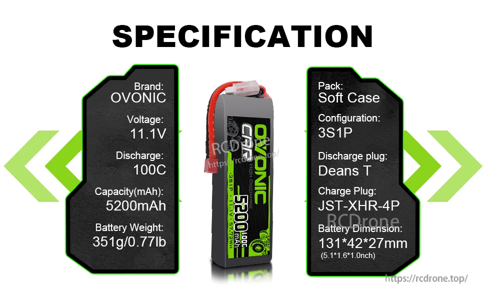 Ovonic 3S 5200mAh 11.1V 100C LiPo battery specs with Deans T plug and JST-XH balance lead