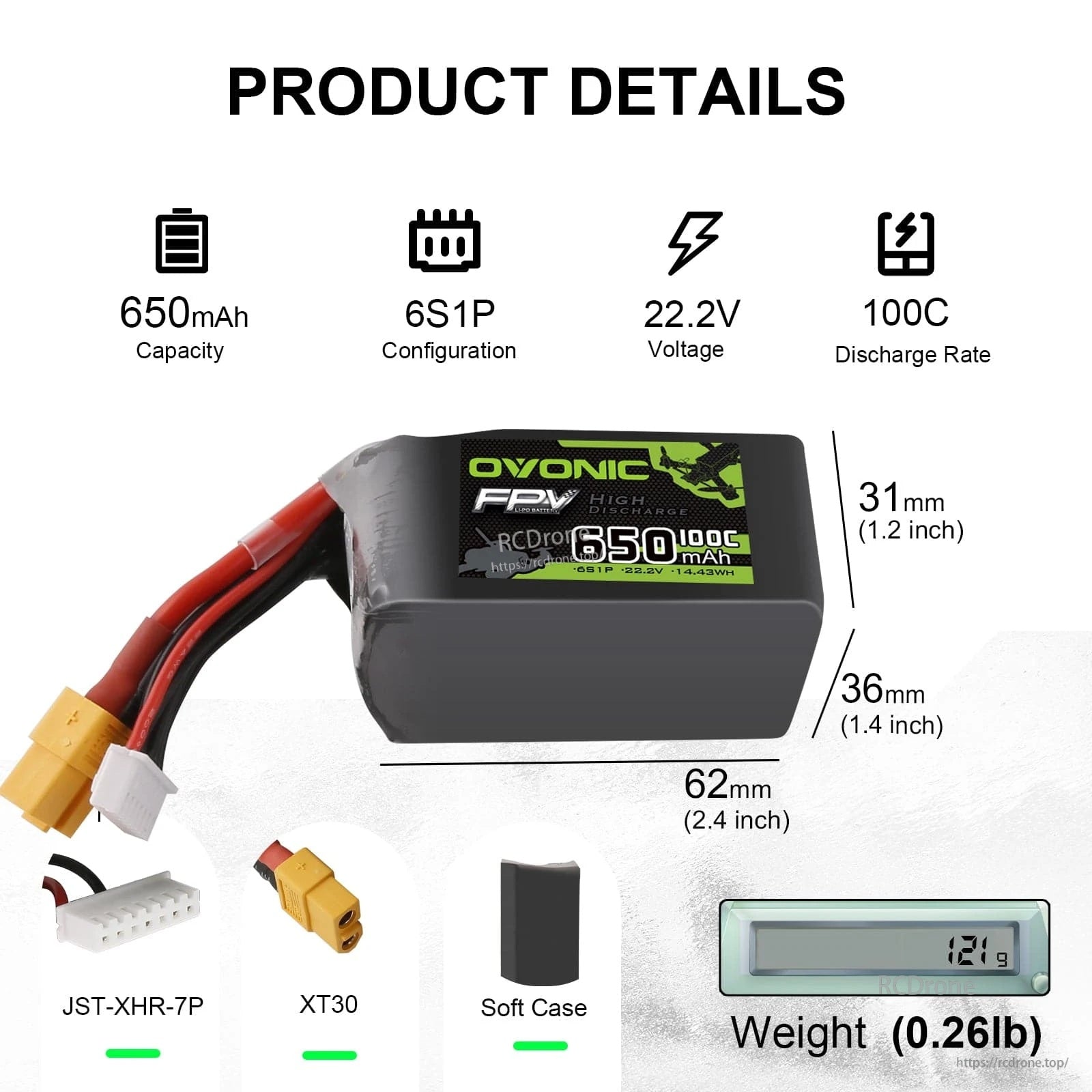 Ovonic 650mAh 6S 22.2V 100C LiPo battery dimensions, weight, XT30 plug and JST-XHR-7P balance lead